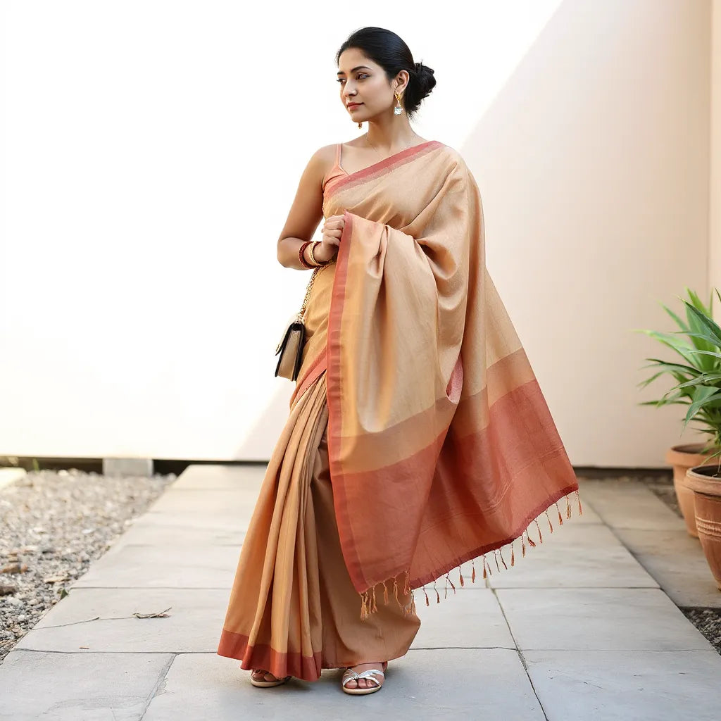 Casual saree draped elegantly with natural folds, minimal accessories, and a calm outdoor background