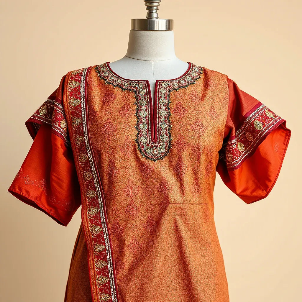 Gota patti embellished ethnic fabric with detailed trim on a clean neutral background