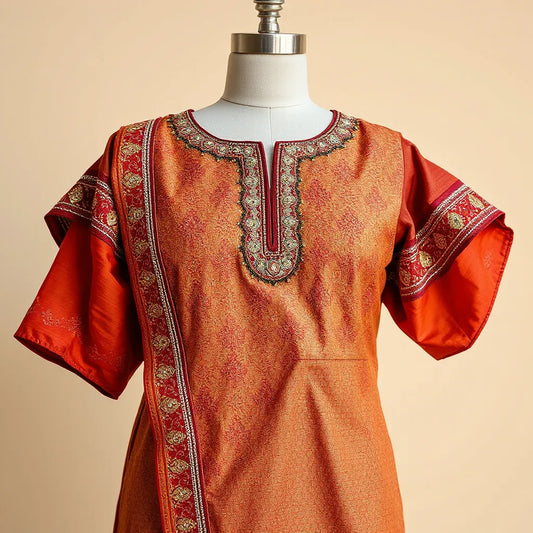 Gota patti embellished ethnic fabric with detailed trim on a clean neutral background