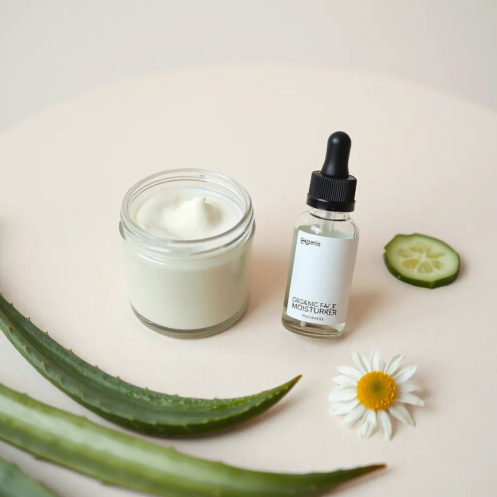 Organic face moisturizer jar with creamy lotion, alongside natural ingredients like aloe and chamomile on a neutral background.