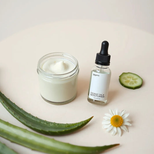 Organic face moisturizer jar with creamy lotion, alongside natural ingredients like aloe and chamomile on a neutral background.