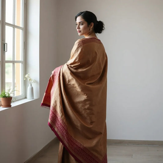 Woman draped in traditional Indian sarees with detailed fabric borders in soft window light