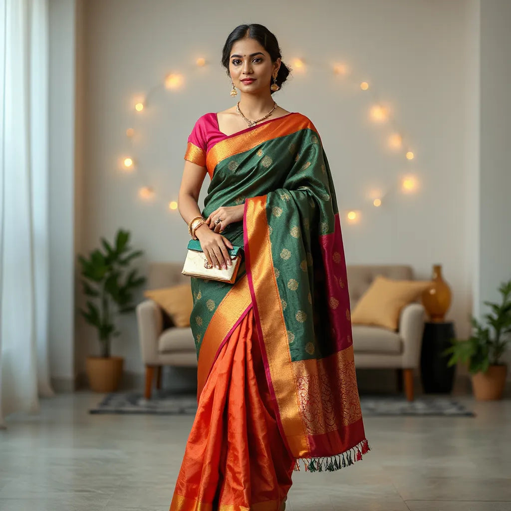 Woman in a vibrant draped saree with festive lighting softly blurred in the background
