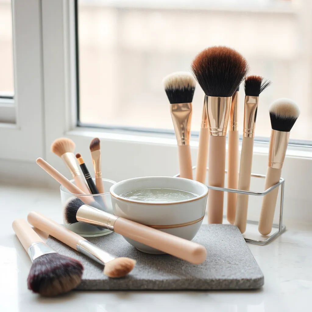 Cruelty-free makeup brushes with synthetic bristles arranged for gentle cleaning and drying on a vanity.