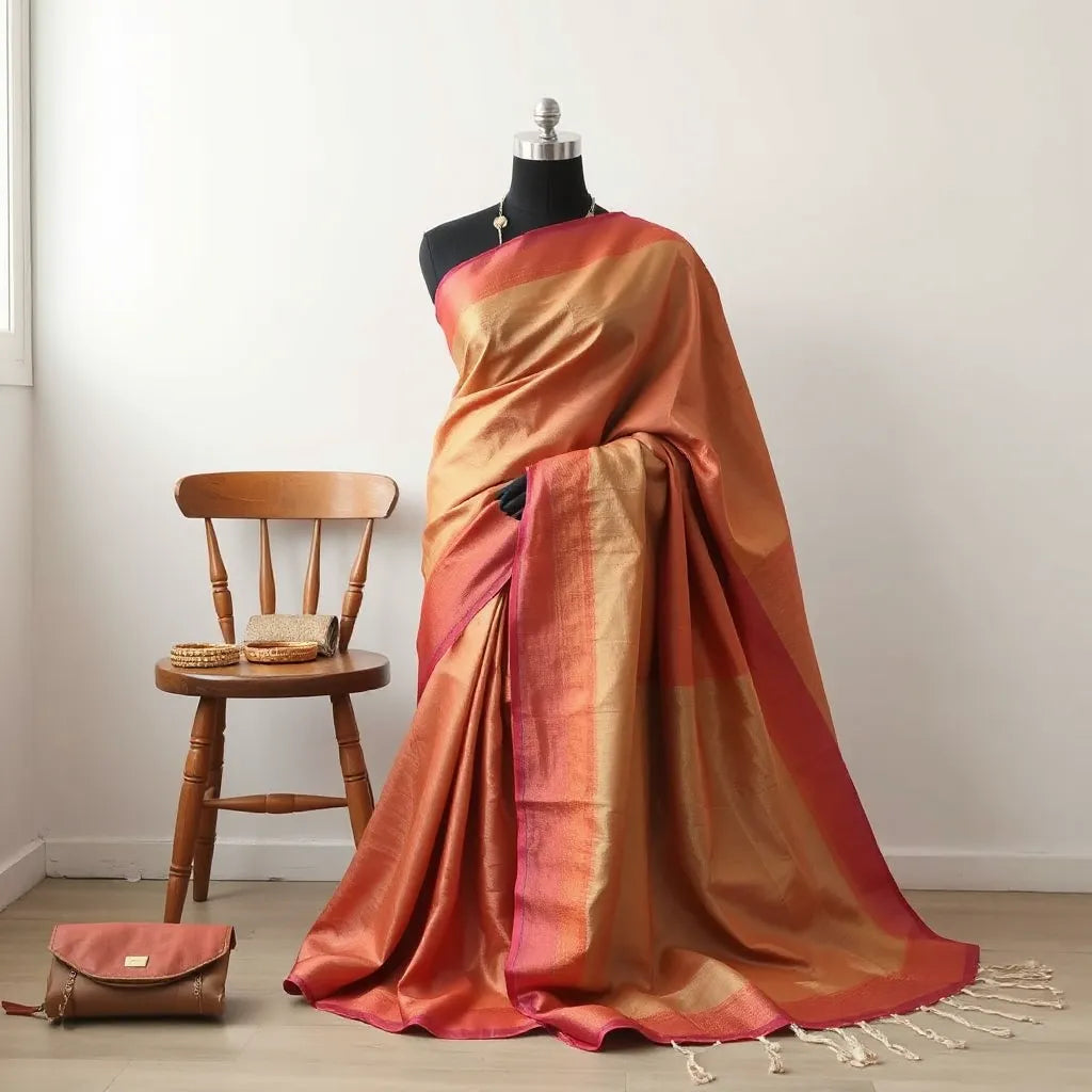 Draped ready-to-wear saree on a mannequin with neatly placed pallu and accessories in soft natural light