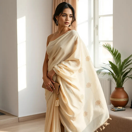 Model draped in flowing georgette saree with elegant folds and soft indoor light.