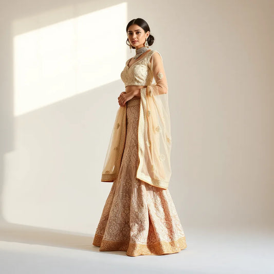 Model wearing an embroidered designer lehenga with a matching dupatta, showcasing detailed craftsmanship and fit