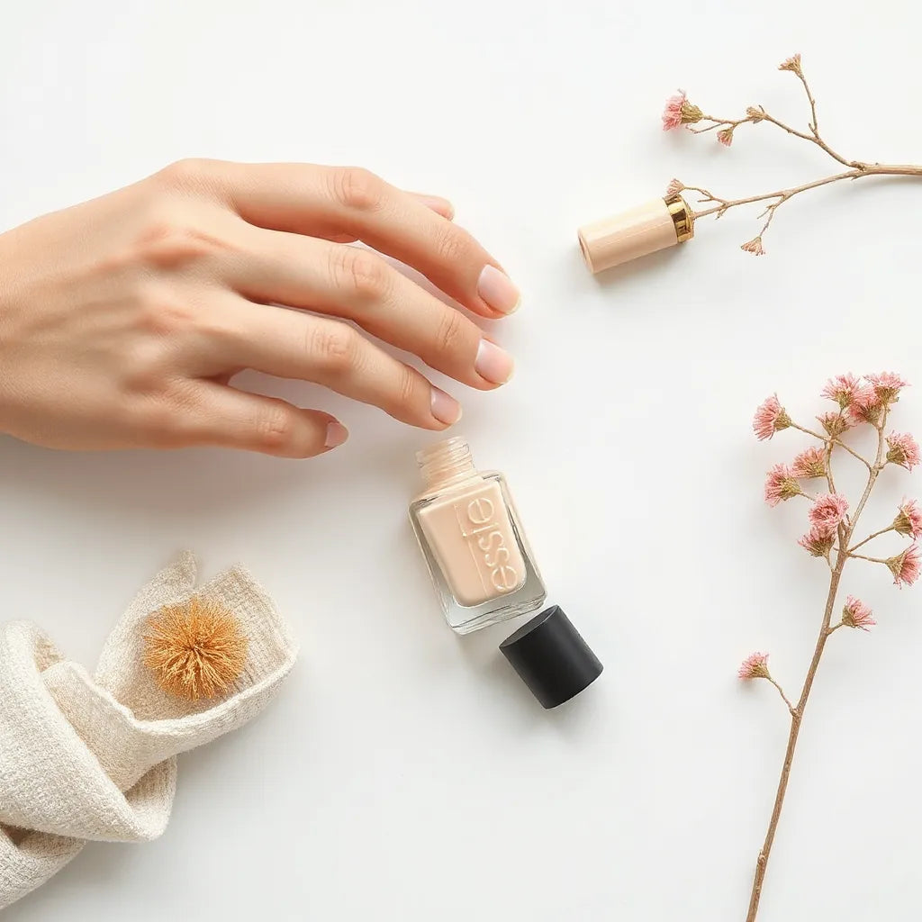 Close-up of manicured nails with non-toxic nail polish bottles on a clean white surface