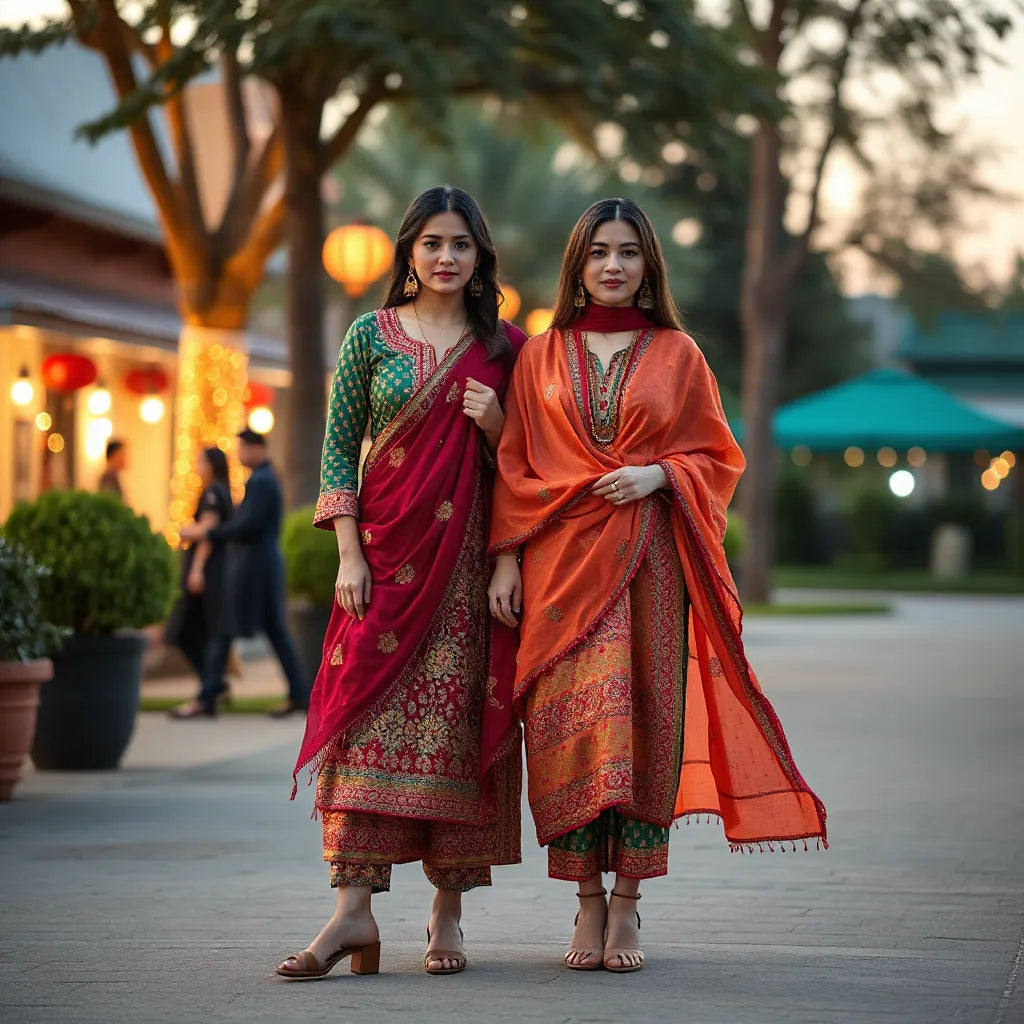 Two women wearing vibrant festival outfits with flowing fabrics and elegant accessories outdoors at golden hour