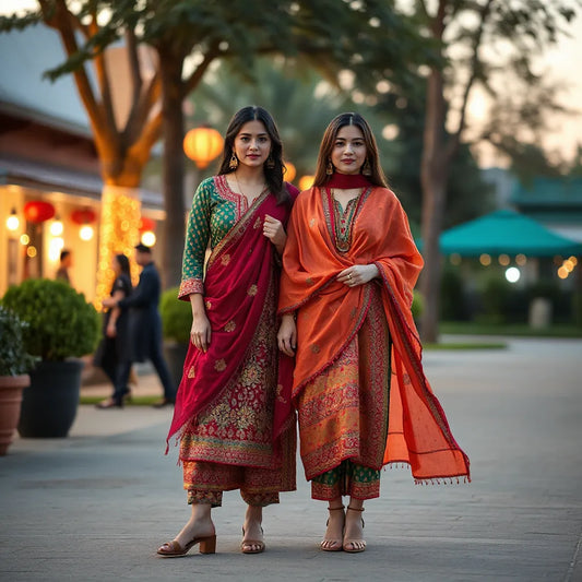 Two women wearing vibrant festival outfits with flowing fabrics and elegant accessories outdoors at golden hour