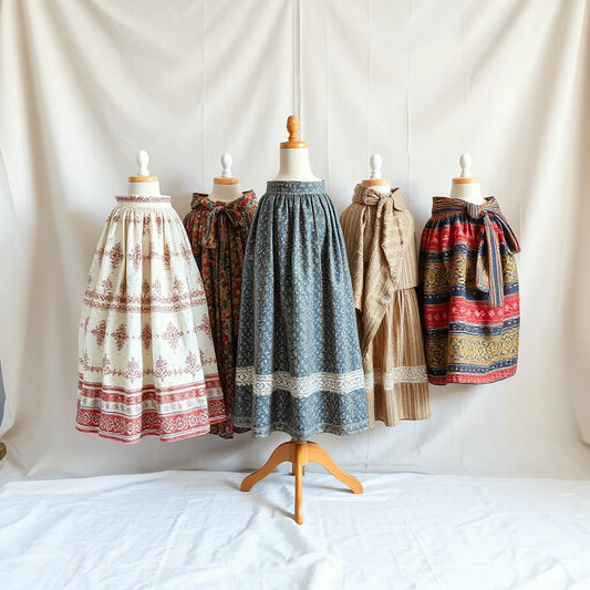 Multiple traditional ethnic skirts in varied patterns and fabrics displayed on a simple neutral backdrop