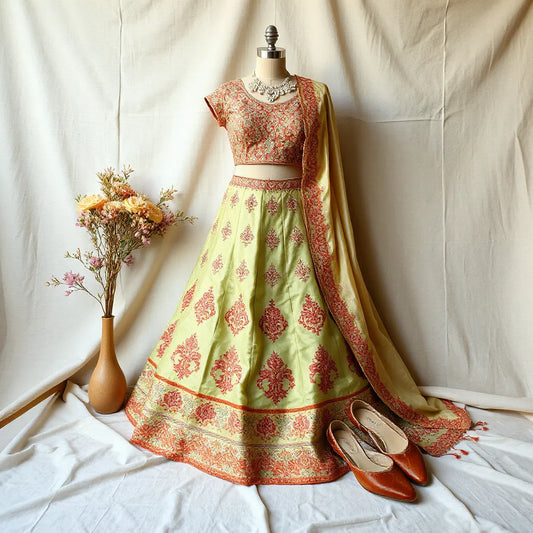 Embroidered silk lehenga with matching dupatta displayed with visible detailed embroidery and silk sheen