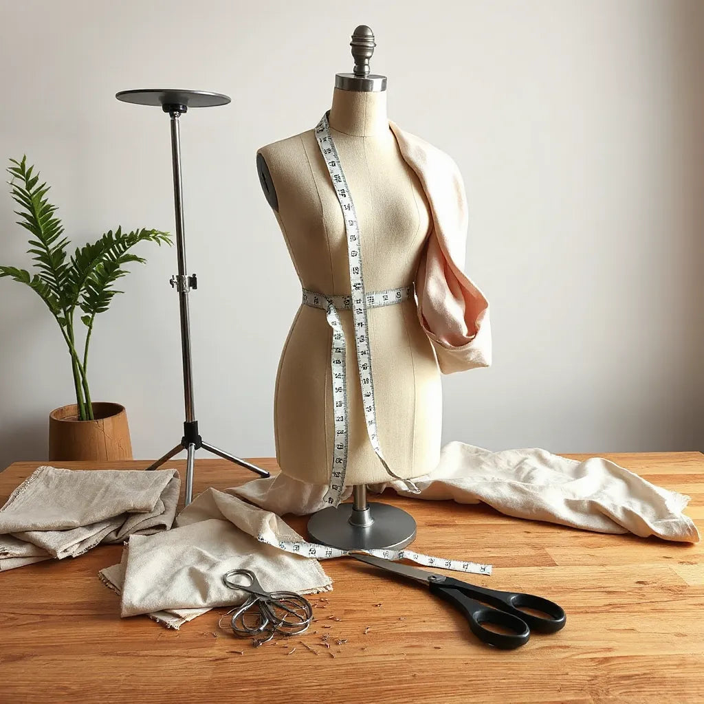 Tailor measuring a dress form with measuring tape and fabric swatches on a clean studio table