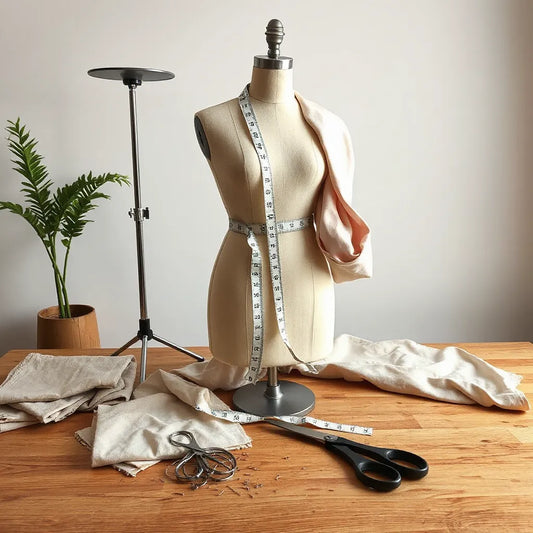 Tailor measuring a dress form with measuring tape and fabric swatches on a clean studio table