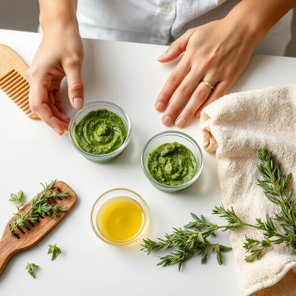 Hands preparing herbal paste and oil for hair care next to fresh herbs and a wooden comb.