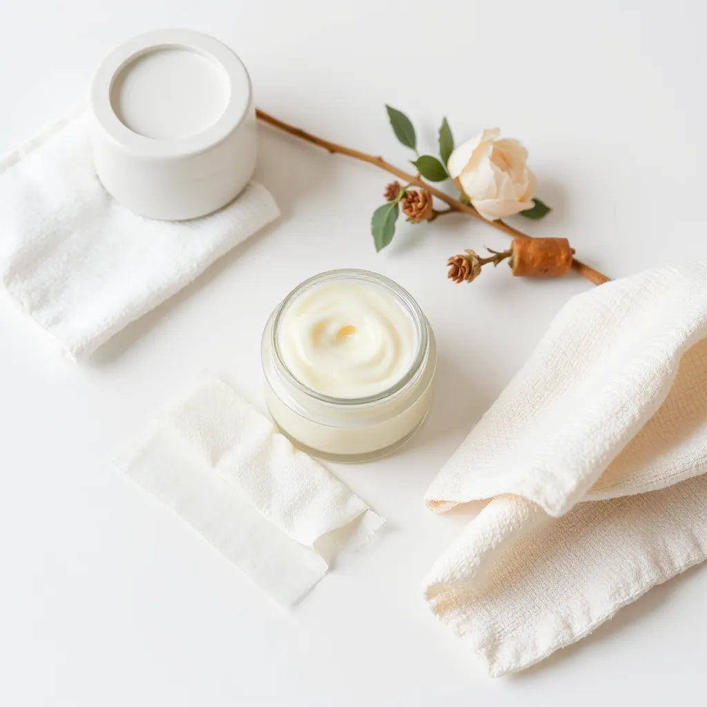 Sensitive skin cream jar with soft lotion texture, gauze pad, and cotton towel on a clean white surface