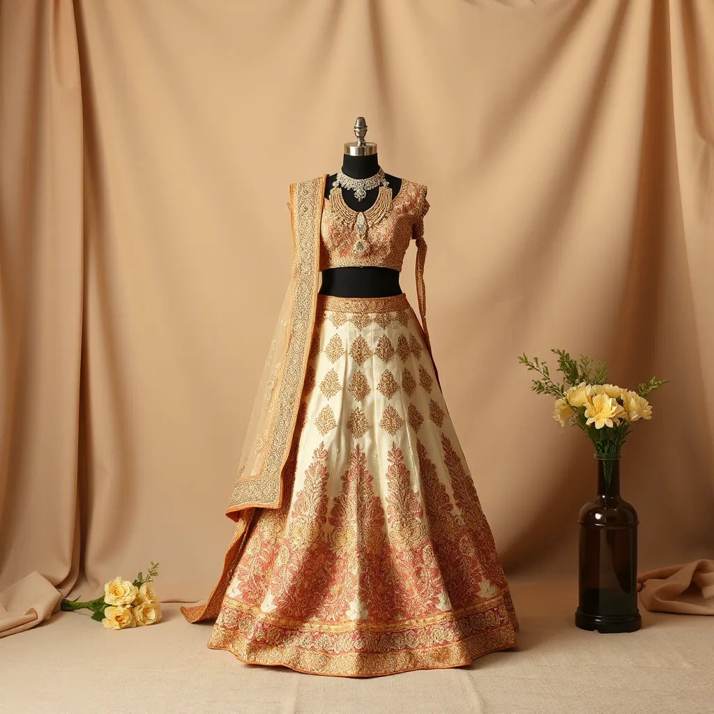 Embroidered bridal wedding lehenga with matching dupatta and traditional jewelry on a studio dress form