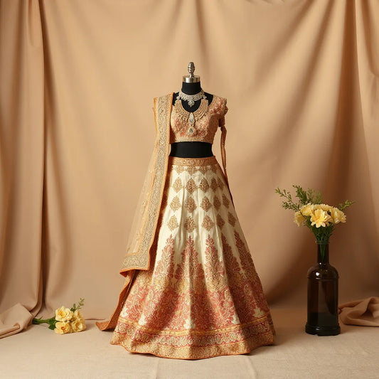 Embroidered bridal wedding lehenga with matching dupatta and traditional jewelry on a studio dress form