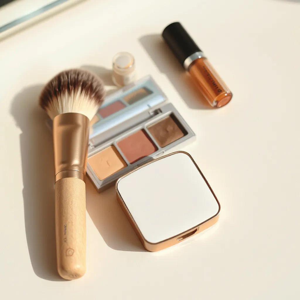Minimal makeup vanity with clean brushes, lip products, and a compact under natural daylight