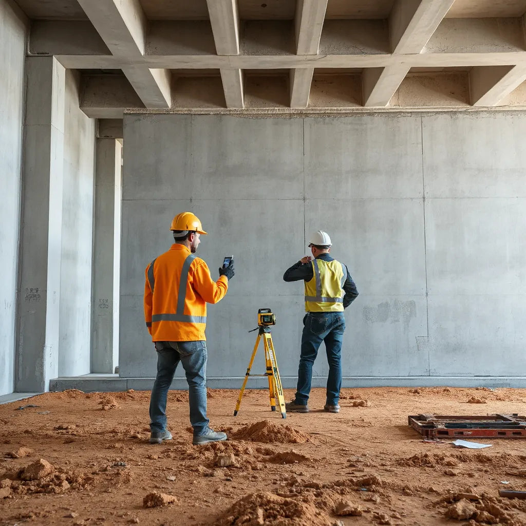 Workers inspect a concrete building frame with measuring tools for alignment and quality