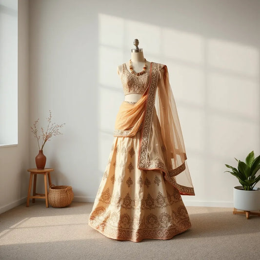Embroidered traditional lehenga with matching dupatta displayed on a mannequin in soft indoor light