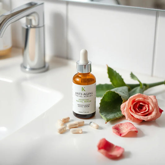 Anti-aging facial serum bottle with dropper on a clean vanity with subtle skincare ingredients