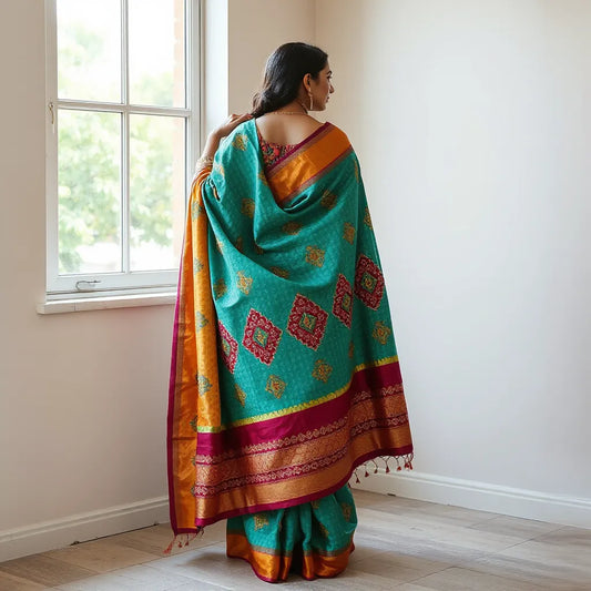 Woman draped in a vibrant Patola saree with neatly arranged pleats and an elegant pallu