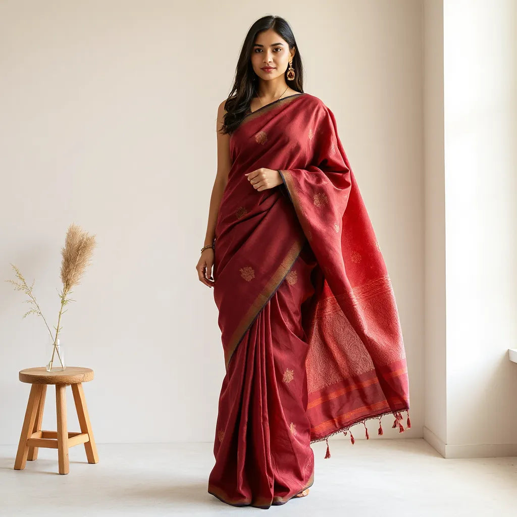 Model wearing a jewel-toned bandhani sari with detailed tie-dye texture and elegant pleated drape
