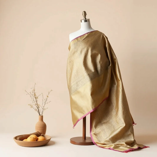 Art silk gharchola saree draped on a mannequin with visible woven motifs and rich fabric sheen