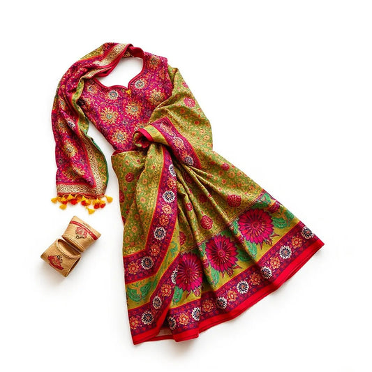 Vibrant Rajasthani ethnic wear saree with matching dupatta, juttis, and subtle traditional accessories on a neutral background