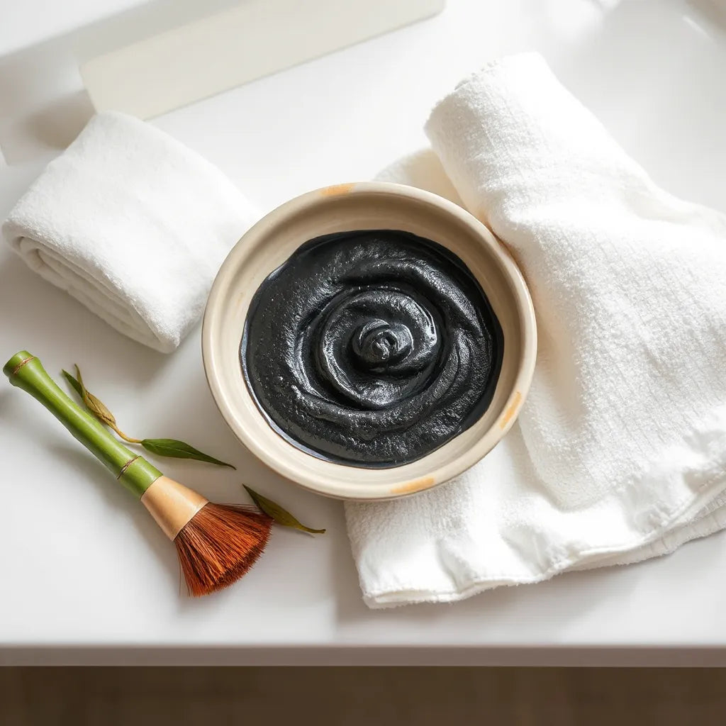 Black bamboo charcoal face mask in a ceramic bowl with a skincare brush on a clean vanity