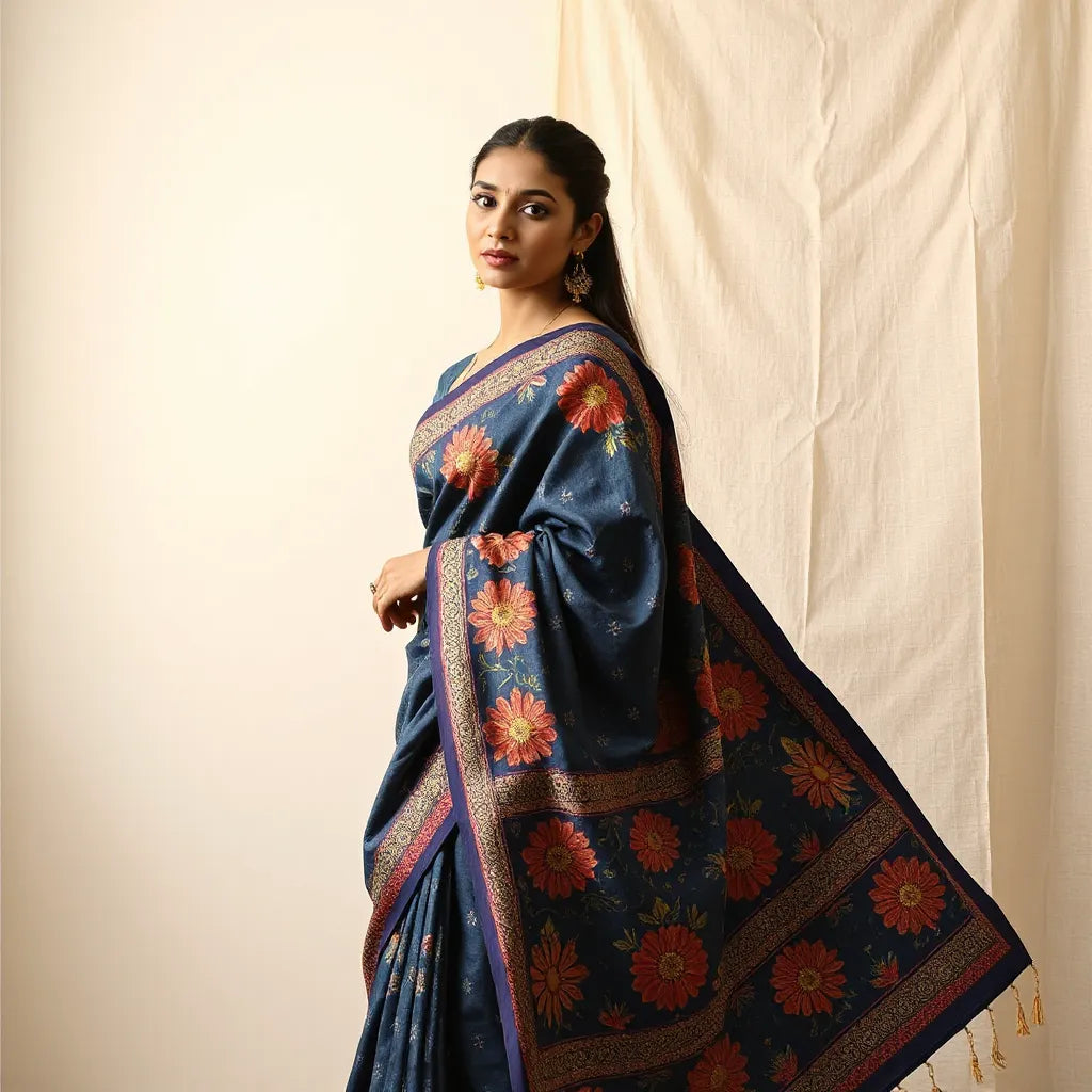 Model draped in a Kalamkari saree with bold hand-painted motifs in indigo, red, and cream under soft natural light