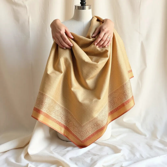 Intricately woven art silk saree draped with soft folds on a neutral mannequin backdrop