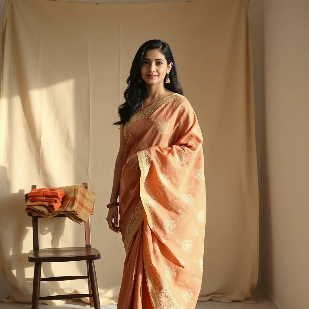 Woman draped in a Jaipuri bandhani saree with visible tie-dye pattern against a neutral backdrop