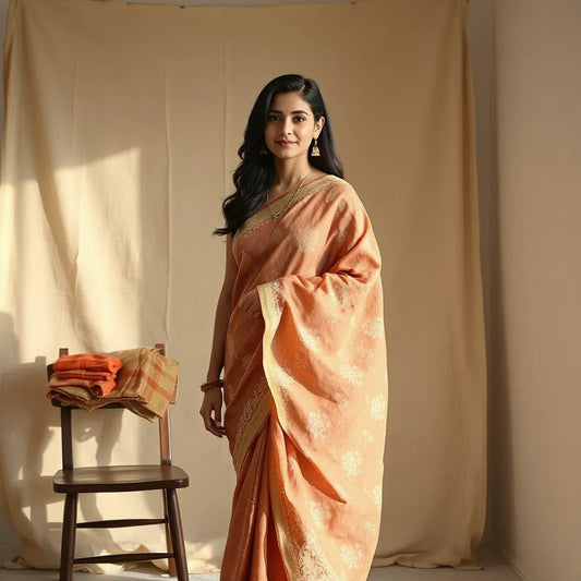 Woman draped in a Jaipuri bandhani saree with visible tie-dye pattern against a neutral backdrop