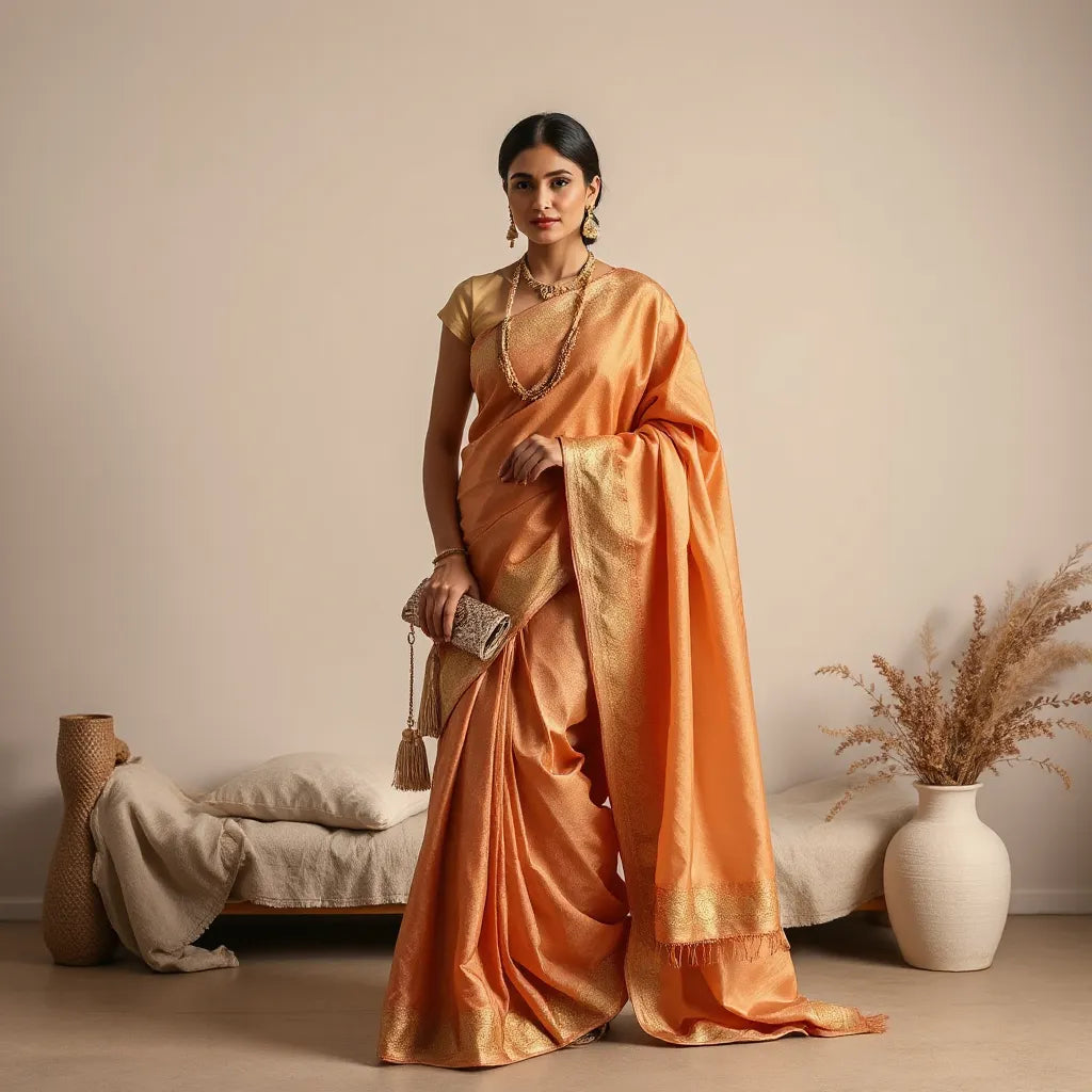 Model wearing an elegant party saree with a graceful drape and subtle border detail in soft evening lighting