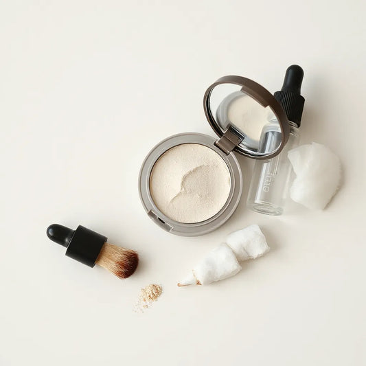 Open mineral makeup compact, soft brush, and gentle skincare products on a neutral background for sensitive skin
