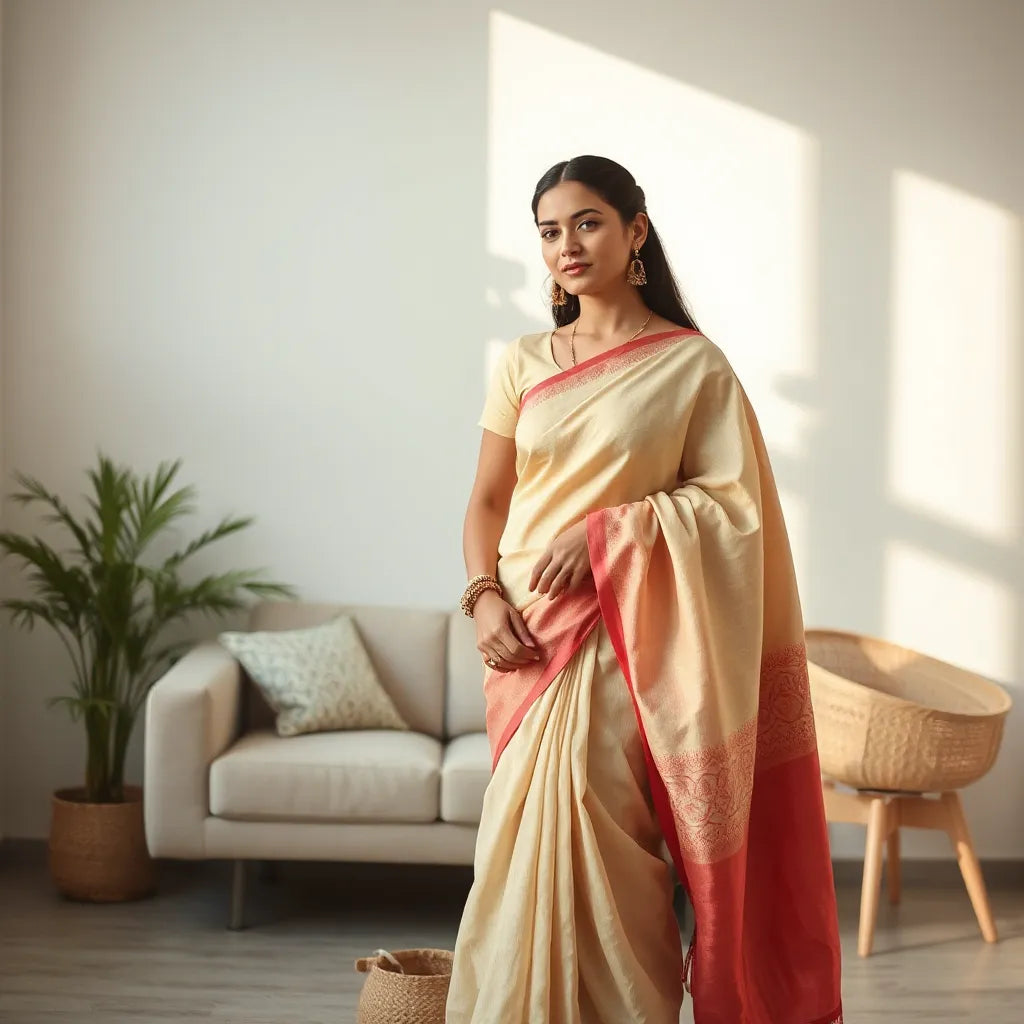 Woman wearing a neatly draped everyday saree with visible fabric texture and comfortable styling