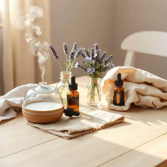 Essential oil diffuser with calming mist, unlabeled bottles, and fresh lavender and eucalyptus sprigs on a wooden table