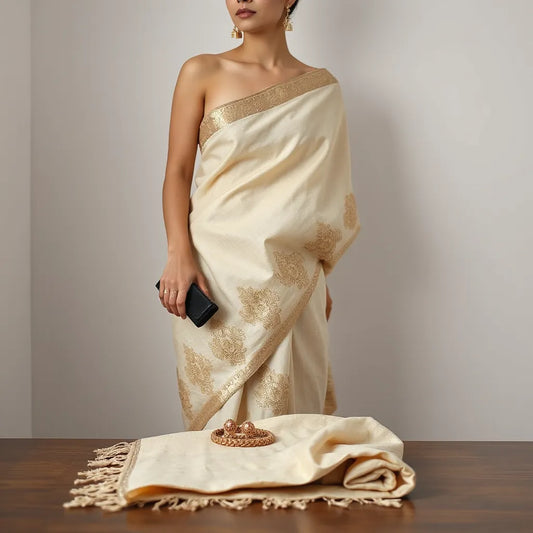Elegant embroidery saree draped with detailed threadwork border, styled with minimal jewelry and accessories