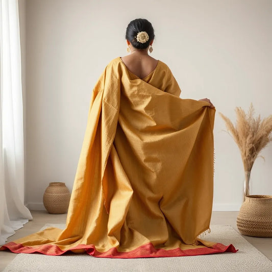 Person neatly draping a traditional saree with visible pleats and pallu in soft indoor light