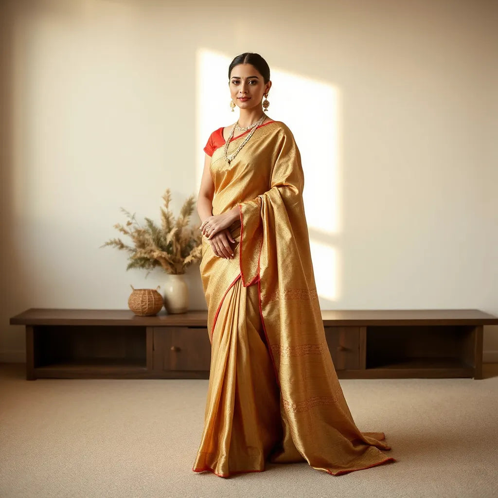 Woman posing in an elegant saree with dupatta draped neatly in warm natural light