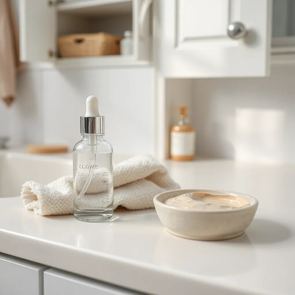 Gentle skincare cleanser with exfoliating cream texture on a minimal vanity setup
