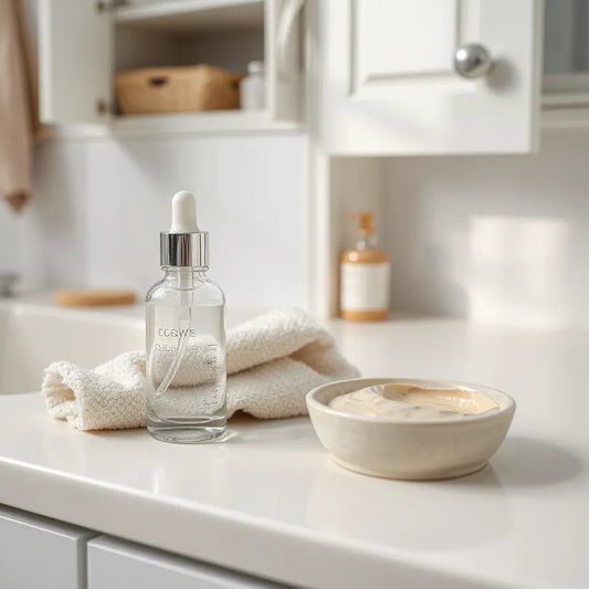Gentle skincare cleanser with exfoliating cream texture on a minimal vanity setup