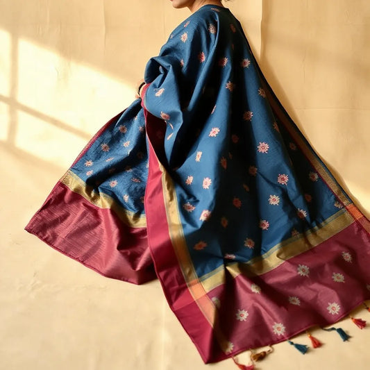 Woman draped in a vibrant bandhani saree with visible tie-dye texture and folds in a minimal studio setting