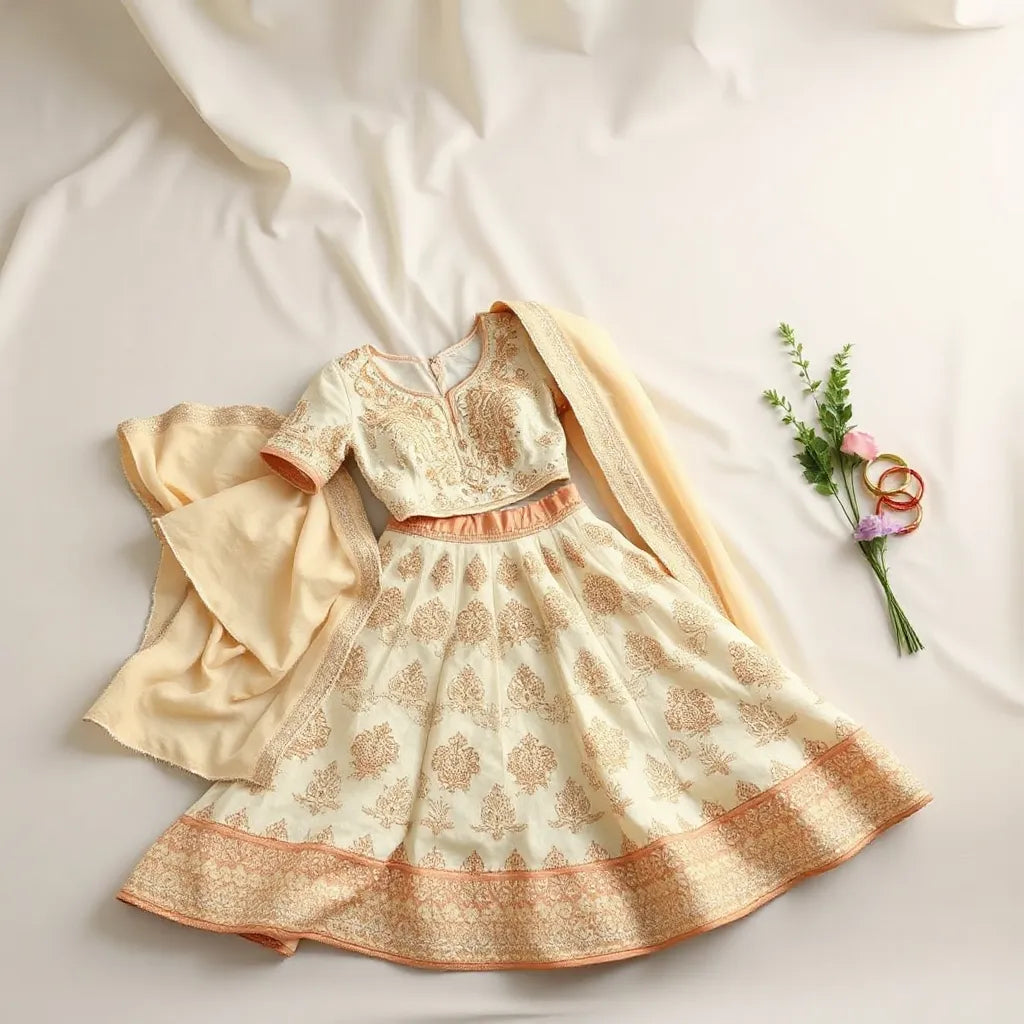 Embroidered bridal lehenga choli with matching dupatta arranged on a cream background