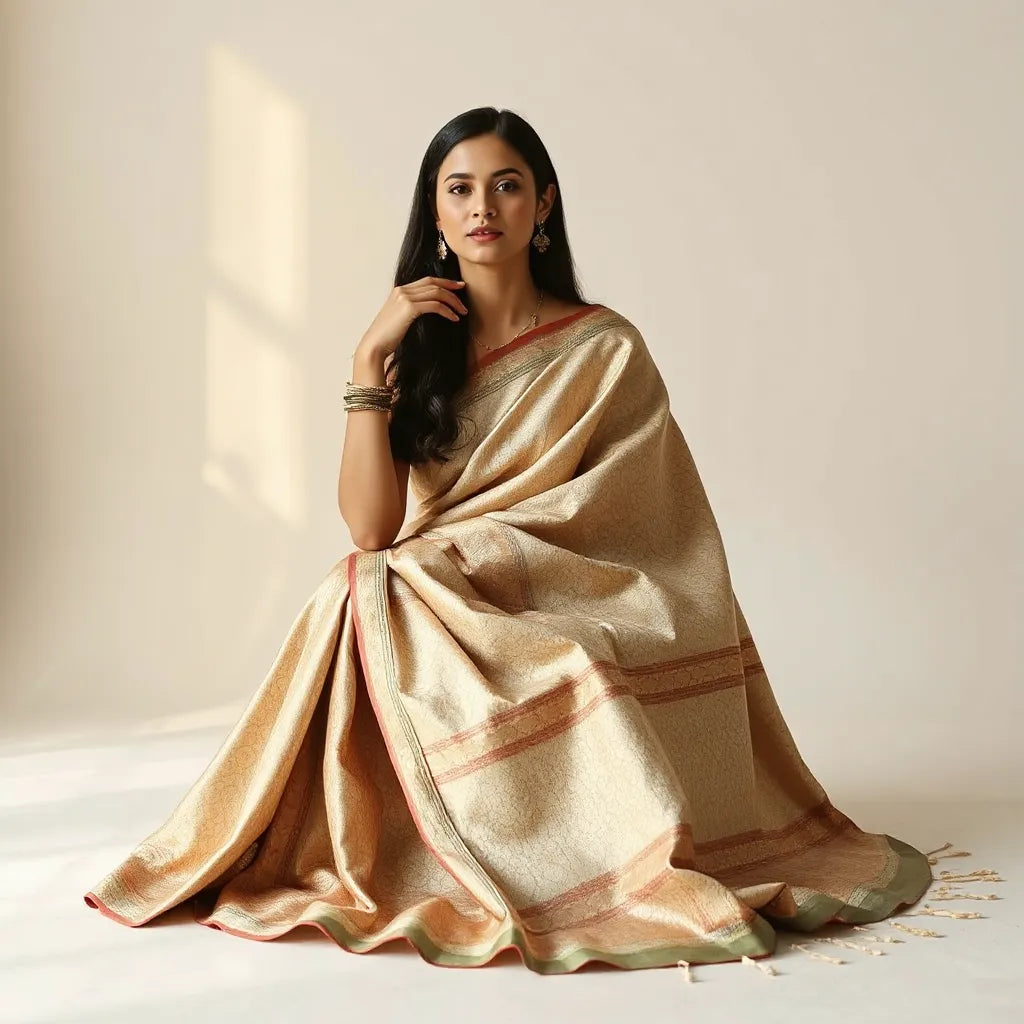 Model wearing an elegant designer saree with detailed border and neatly adjusted pallu in soft light