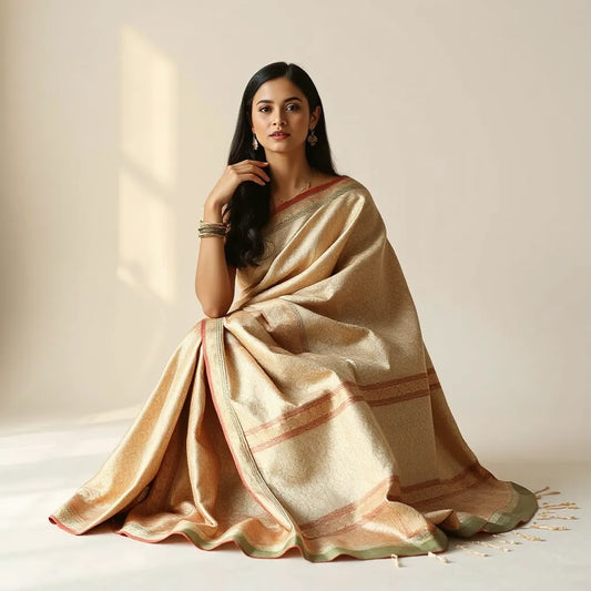 Model wearing an elegant designer saree with detailed border and neatly adjusted pallu in soft light