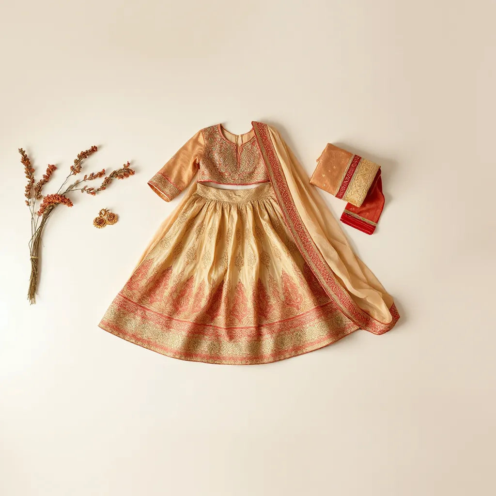 Embroidered traditional lehenga with matching blouse and draped dupatta, styled with jewelry on a neutral background