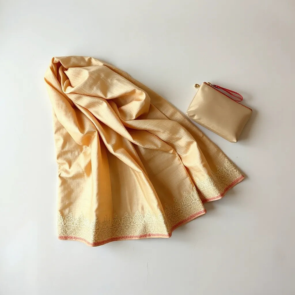 Gold-toned gota embroidery saree with elegant drape folds and border detail on a neutral backdrop
